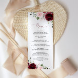 Burgundy Flowers, Pink Flowers, Boho, Wedding Menu Meny<br><div class="desc">Add a personal touch to your wedding celebration with these stylish and memorable party items! Design features burgundy and blush pink watercolor flowers and greenery on white background.</div>