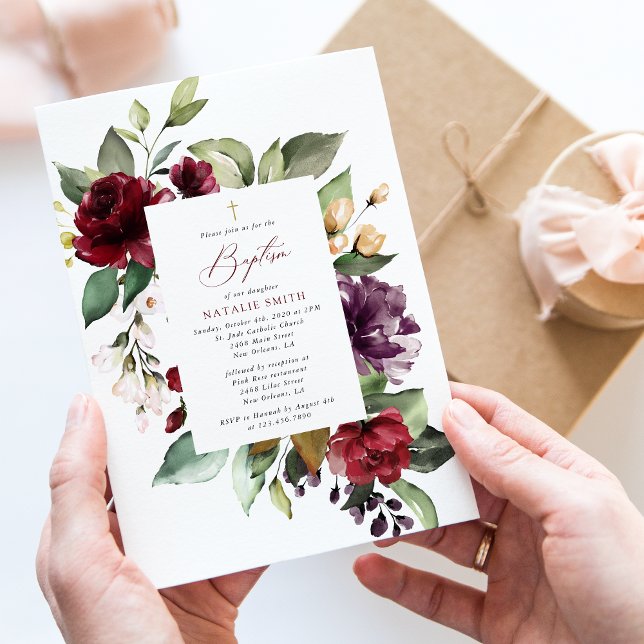 Burgundy Flowers, Pink Flowers, Floral Baptism Inbjudningar (Skapare uppladdad)