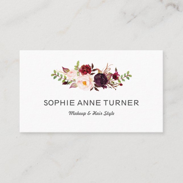 Burgundy Flowers Professionell Makeup Hair Stil Visitkort (Framsida)