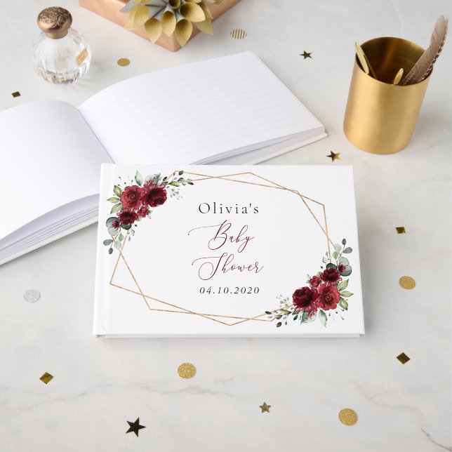 Burgundy Flowers, Red Flowers, Baby Shower Gästböcker (Framsida öppen)