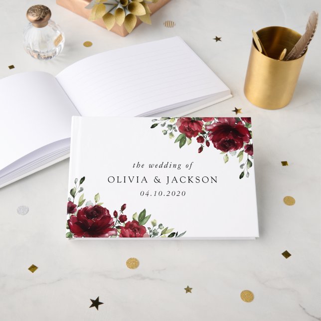 Burgundy Flowers, Red Flowers, Blommigt Bröllop Gästböcker (Framsida öppen)