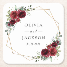 Burgundy Flowers, Red Flowers, Blommigt Bröllop Underlägg Papper Kvadrat