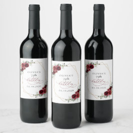 Burgundy Flowers, Red Flowers, Boho, Birthday Vinflaska Etikett