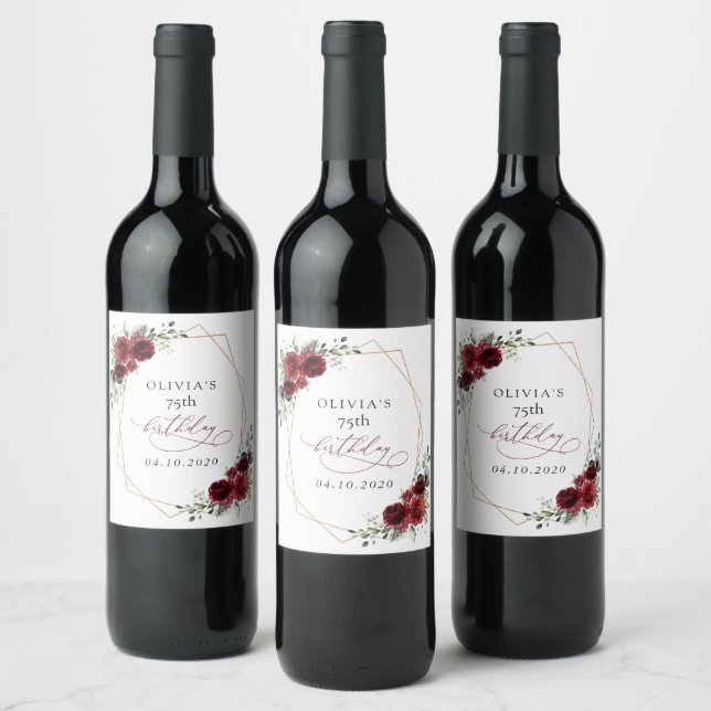 Burgundy Flowers, Red Flowers, Boho, Birthday Vinflaska Etikett (Flaskor)