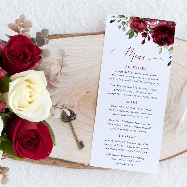 Burgundy Flowers, Red Flowers, Floral Wedding Menu Meny (Skapare uppladdad)