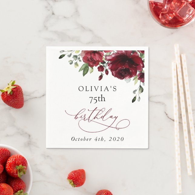 Burgundy Flowers, Red Flowers, Greenery, Birthday Pappersservett (Insitu)