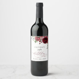 Burgundy Flowers, Red Flowers, Greenery, Birthday Vinflaska Etikett