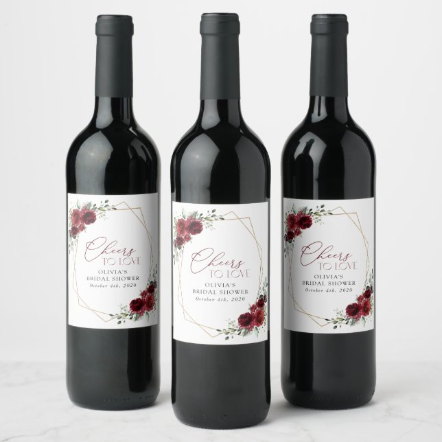 Burgundy Flowers, Red Flowers, Möhippa Vinflaska Etikett (Flaskor)