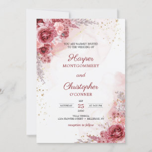  Burgundy Flowers Ro Faux Guld Bröllop Inbjudningar
