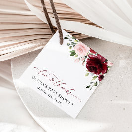 Burgundy Flowers, Rosa Flowers, Boho, Baby Shower Gåvor Etiketter