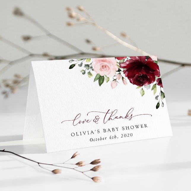 Burgundy Flowers, Rosa Flowers, Boho, Baby Shower Tack Kort (Skapare uppladdad)