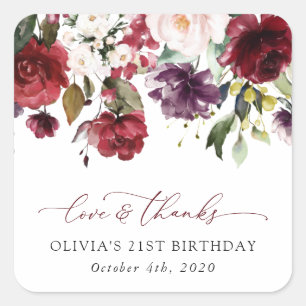 Burgundy Flowers, Rosa Flowers, Boho, Birthday Fyrkantigt Klistermärke