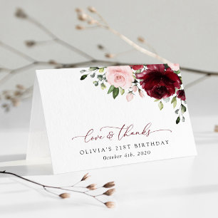 Burgundy Flowers, Rosa Flowers, Boho, Birthday Tack Kort