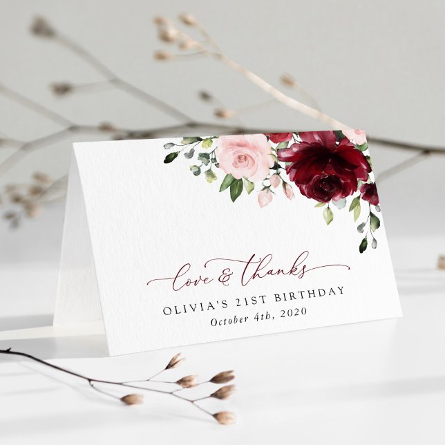 Burgundy Flowers, Rosa Flowers, Boho, Birthday Tack Kort (Skapare uppladdad)