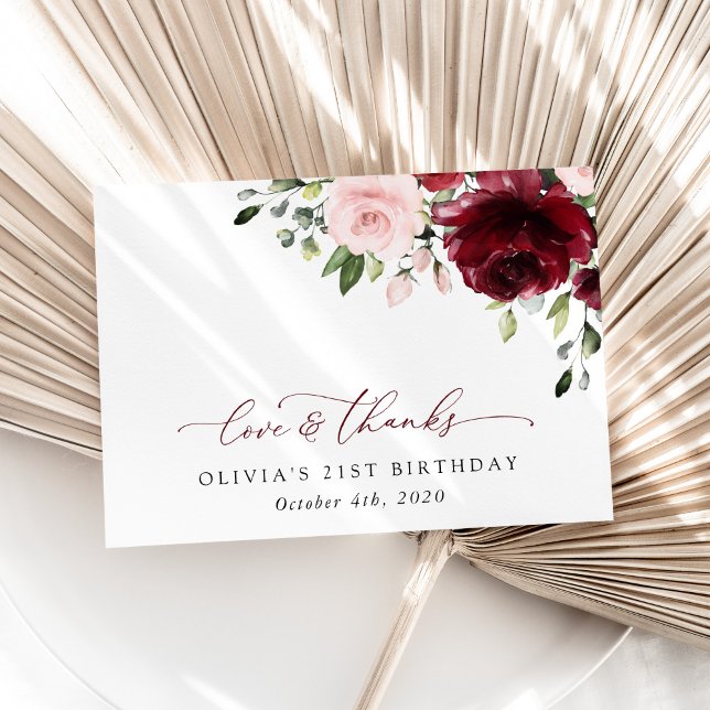 Burgundy Flowers, Rosa Flowers, Boho, Birthday Tack Kort (Skapare uppladdad)