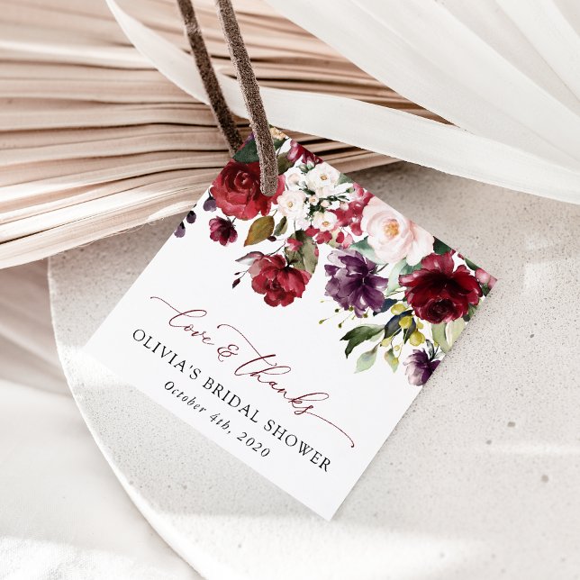 Burgundy Flowers, Rosa Flowers, Boho Möhippa Gåvor Etiketter (Skapare uppladdad)