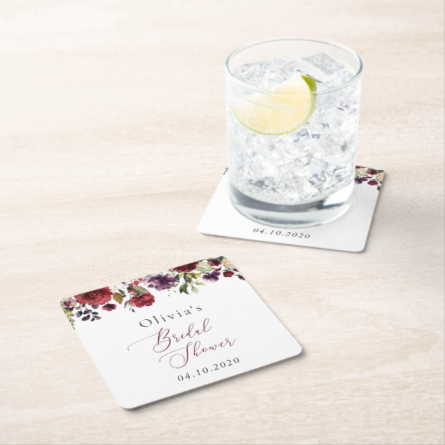 Burgundy Flowers, Rosa Flowers, Boho Möhippa Underlägg Papper Kvadrat (Insitu)