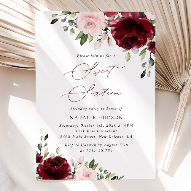 Burgundy Flowers, Rosa Flowers, Boho, Sweet 16 Inbjudningar (Skapare uppladdad)