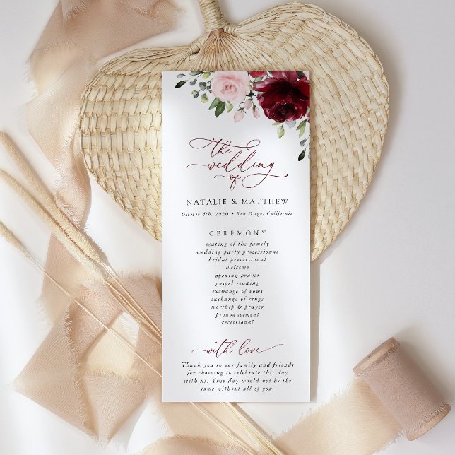 Burgundy Flowers, Rosa Flowers, Bröllopsprogram Program (Skapare uppladdad)