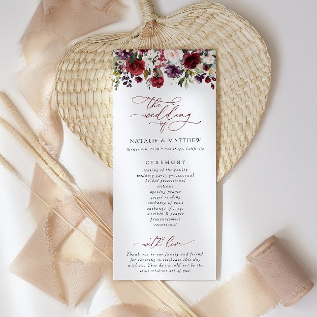 Burgundy Flowers, Rosa Flowers, Bröllopsprogram Program (Skapare uppladdad)