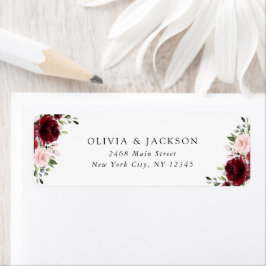 Burgundy Flowers, Rosa Flowers, Greenery, Bröllop Returadress Etikett