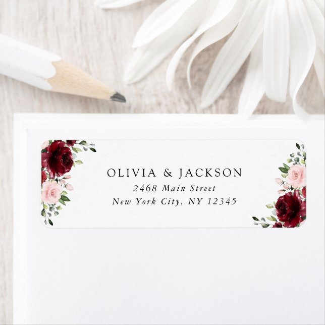 Burgundy Flowers, Rosa Flowers, Greenery, Bröllop Returadress Etikett (Insitu)