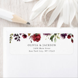 Burgundy Flowers, Rosa Flowers, Greenery, Bröllop Returadress Etikett