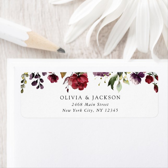 Burgundy Flowers, Rosa Flowers, Greenery, Bröllop Returadress Etikett (Insitu)