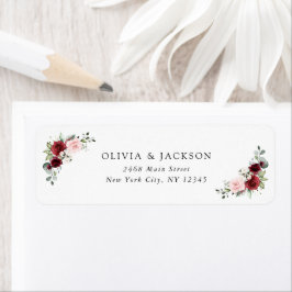Burgundy Flowers, Rosa Flowers, Greenery, Bröllop Returadress Etikett