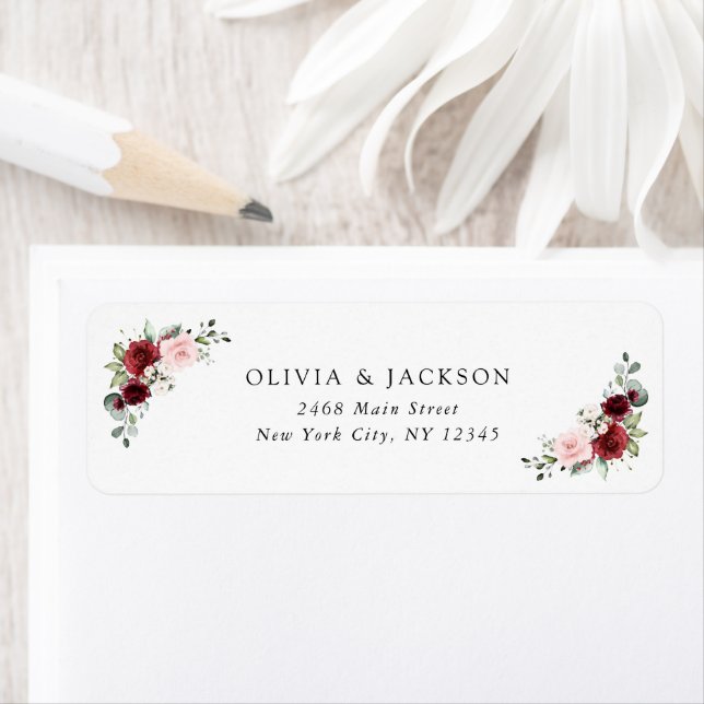 Burgundy Flowers, Rosa Flowers, Greenery, Bröllop Returadress Etikett (Insitu)
