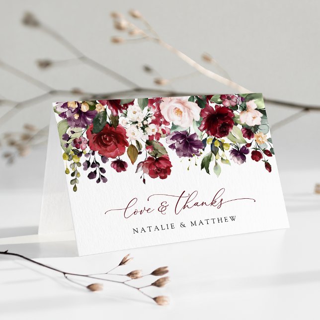 Burgundy Flowers, Rosa Flowers, Greenery, Bröllop Tack Kort (Skapare uppladdad)