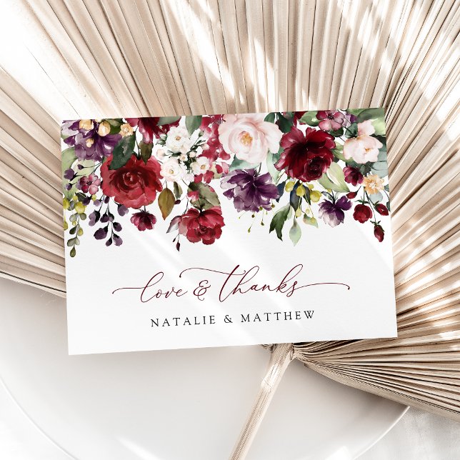 Burgundy Flowers, Rosa Flowers, Greenery, Bröllop Tack Kort (Skapare uppladdad)