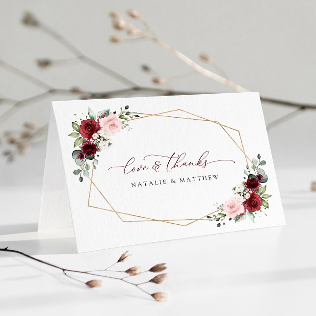 Burgundy Flowers, Rosa Flowers, Greenery, Bröllop Tack Kort (Skapare uppladdad)