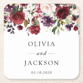 Burgundy Flowers, Rosa Flowers, Greenery, Bröllop Underlägg Papper Kvadrat