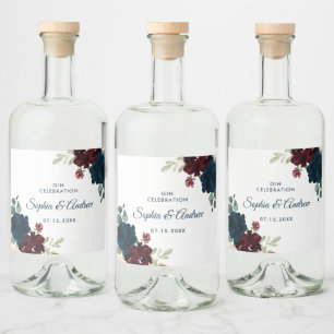 Burgundy & Flowers Rustic Wood Bröllop Spritflaskor Etikett