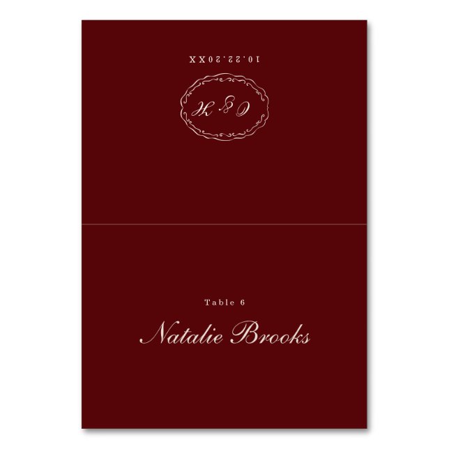Burgundy Folded Wedding Place Card Bordsnummer (Framsidan)