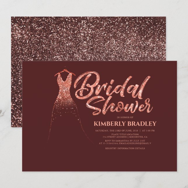 Burgundy för rosa guld- glitter röd möhippa inbjudningar (Fram/baksida)