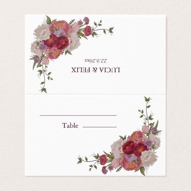 Burgundy Forest Blommigt Bröllop Place Cards Visitkort (Utsida ovikt)