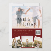 Burgundy Foto Bröllopsinbjudan QR-kod Spara datum