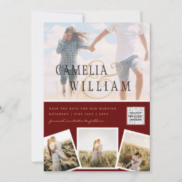 Burgundy Foto Bröllopsinbjudan QR-kod Spara datum Inbjudningar