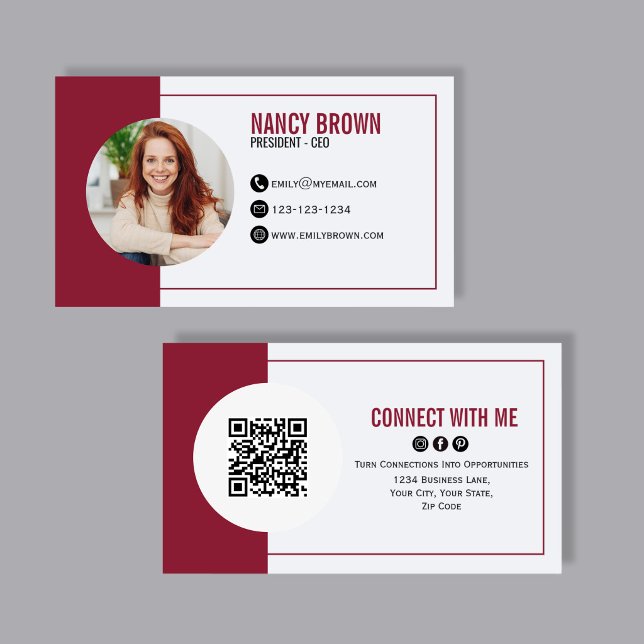 Burgundy Foto QR-kod Kontakta Mig Visitkort (Modern QR code business card with photo and bold red accents, perfect for stylish networking. )