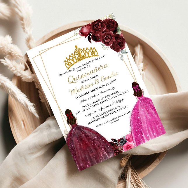 Burgundy & Fuchsia Butterfly Twin Quinceanera Inbjudningar (Skapare uppladdad)