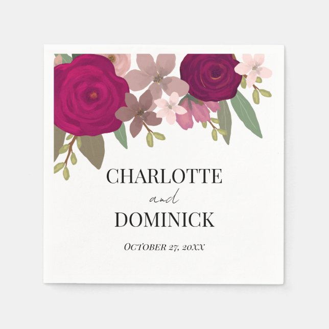 Burgundy Garden Flowers Bröllop Pappersservett (Framsidan)
