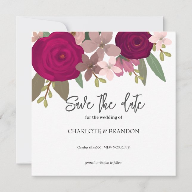 Burgundy Garden Flowers Bröllop spara datum Inbjudningar (Framsida)