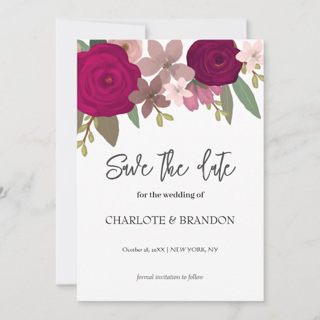 Burgundy Garden Flowers Bröllop spara datum Inbjudningar (Framsida)