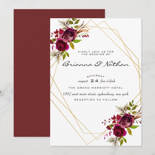 Burgundy Geometric Wedding-inbjudan Inbjudningar (Fram/baksida)