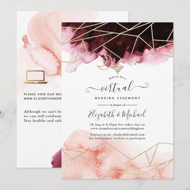 Burgundy &  geometrisk Online Virtuellare Bröllop Inbjudningar (Fram/baksida)