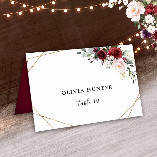 Burgundy  geometriskt Bröllop-platskort Bordsnummer (Burgundy blush floral geometric place card)