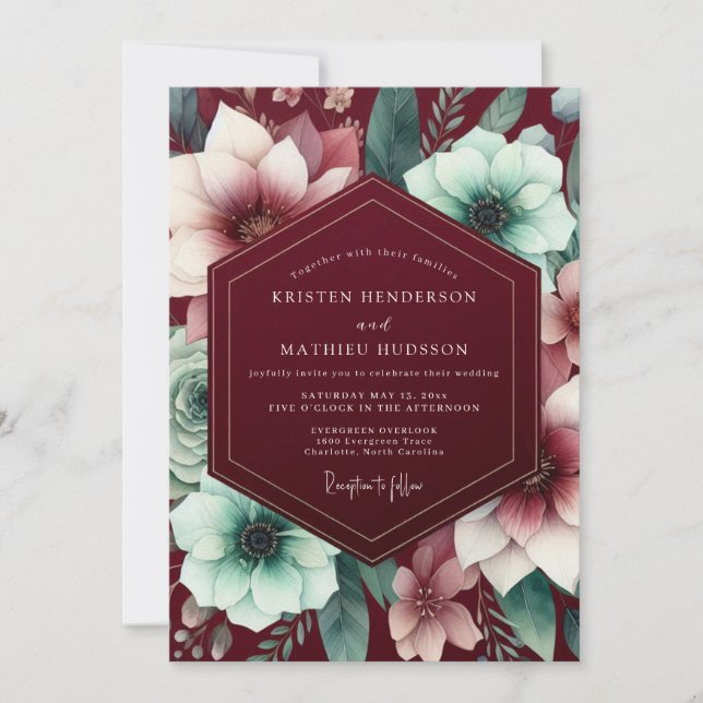 Burgundy Gilded Bloom Wedding Inbjudningar (Framsida)