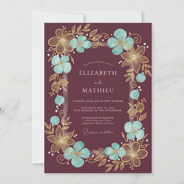 Burgundy Gilded Blossom Romantic Wedding Inbjudningar (Framsida)